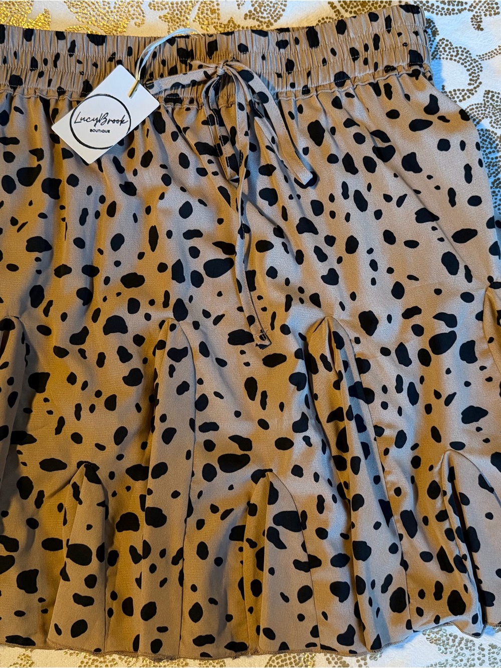 Mazik Taupe and Black Spotted Ruffle Mini Skirt NWT